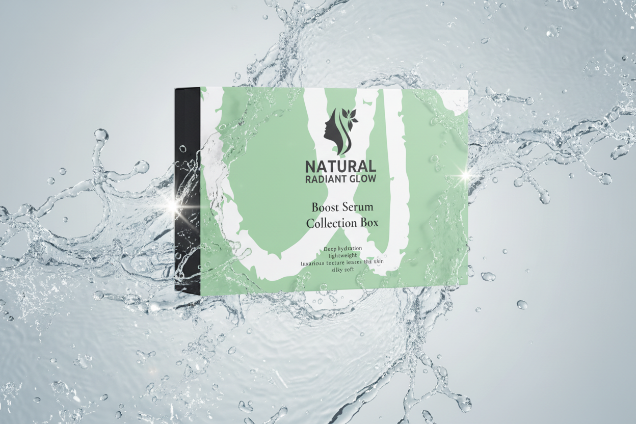 Natural Radiant Glow Boost Serum Collection Box with water splash effect
