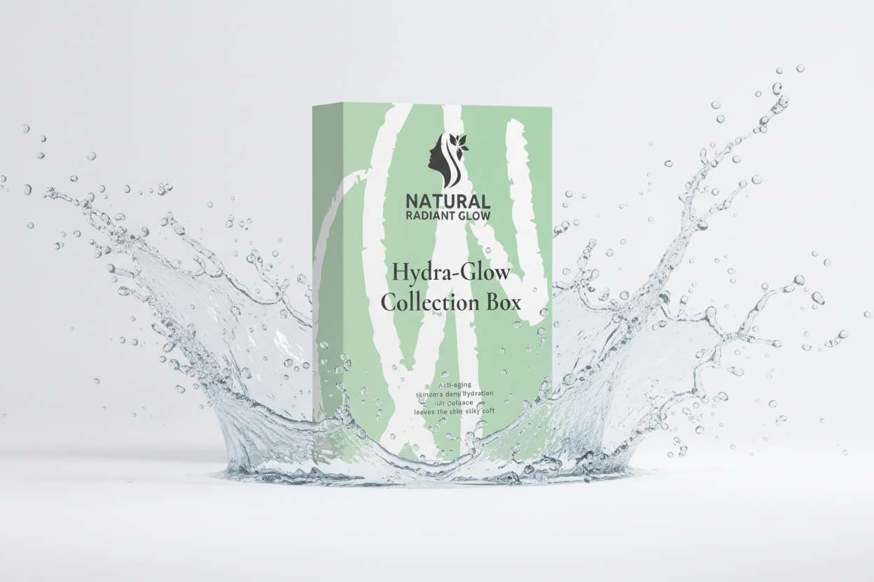 A product collection box with 'Natural Radiant Glow Hydra-Glow Collection Box' written on it, featuring a design with white and green abstract patterns.